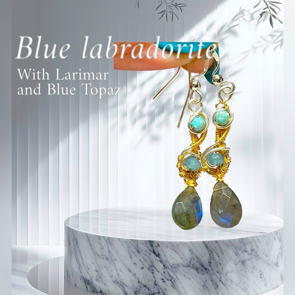 💎💙Genuine blue flash labradorite/Larimar and blue topaz stone earrings